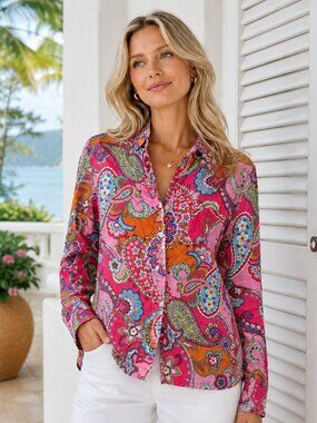 Vera Bradley Pink Paisley Button-Down Shirt Small 100% Cotton Long Sleeve